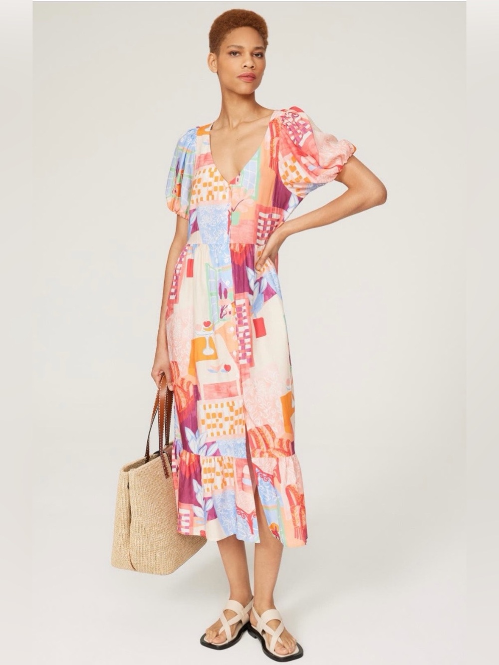 Untitled in Motion~V-Neck Multicolor Patchwork Midi Caleo Dress~Size Small~$294~